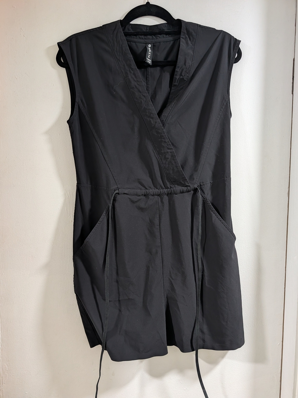 Athleta Black Sleeveless Wrap Romper with Drawstring Pockets